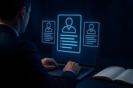 Recruiter reviewing multiple digital resumes for efficient candidate screening