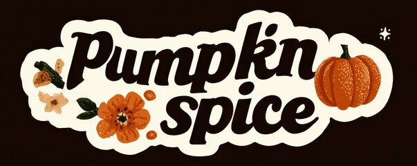 Pumpkin spice logo sticker with bold typography in brown and autumn flowers