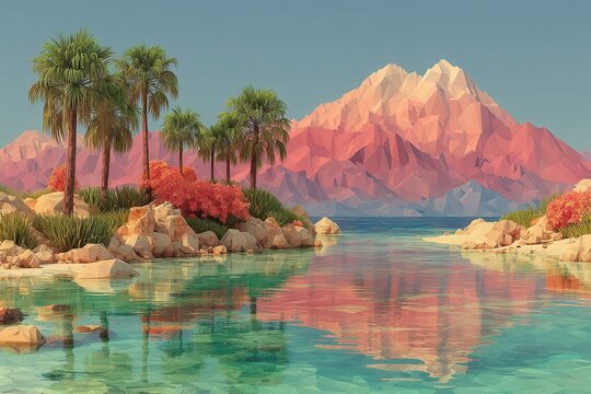 Pink low-poly mountains with palm trees by a reflective turquoise lake in a cartoon landscape