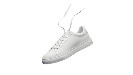A stylish white leather sneaker with white laces and a thick white sole, isolated on a transparent background