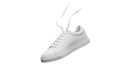A stylish white leather sneaker with white laces and a thick white sole, isolated on a transparent background