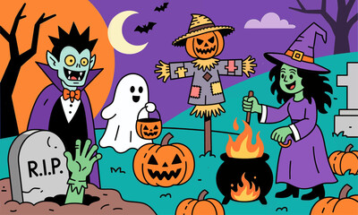 Halloween characters in cartoon style with pumpkins and tombstone