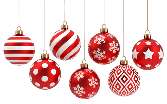Red and white patterned Christmas ornaments hanging