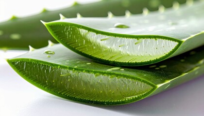 A detailed, close-up view of sliced aloe vera leaves, revealing their translucent, gel-filled interior and serrated edges.