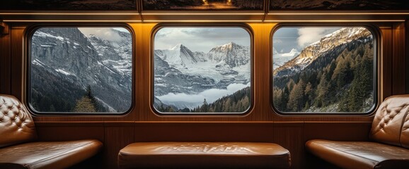 Panoramic view of majestic snow-capped mountains from a luxurious train window on a scenic winter journey