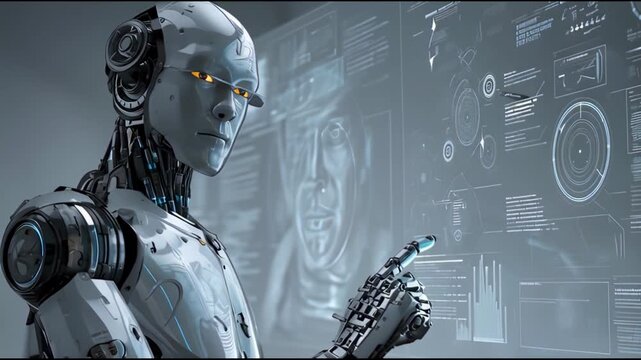 Cyborg Robot Interacting with Futuristic Digital Interface
