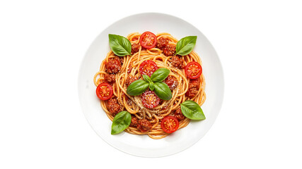 Delicious Spaghetti with Meatballs and Fresh Basil, Garnished with Cherry Tomatoes