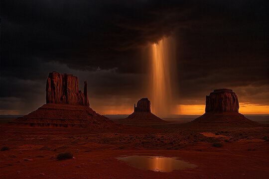 lightning pillars striking a canyon at night