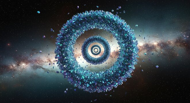 Abstract digital art of a blue crystalline structure with outer space background