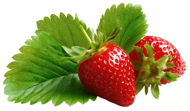 Two vibrant red strawberries with fresh green leaves