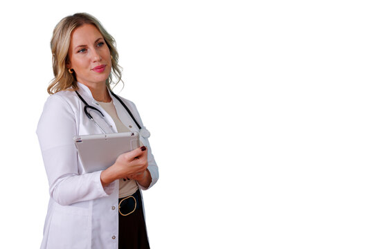 Confident female doctor presenting medical expertise and innovation, using a digital tablet for healthcare data and patient care