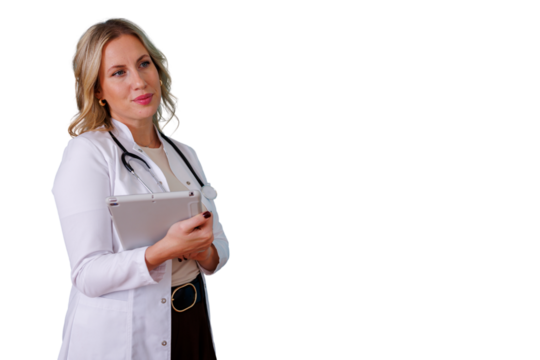 Confident female doctor presenting medical expertise and innovation, using a digital tablet for healthcare data and patient care - Powered by Adobe