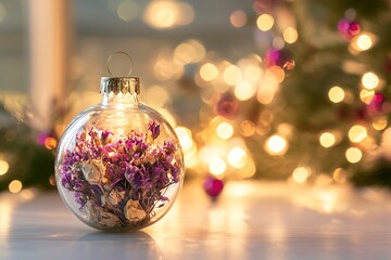 A clear glass ornament holds beautiful dried flowers, creating a charming decoration. Soft festive lights twinkle in the background, adding warmth to the scene during the holiday season