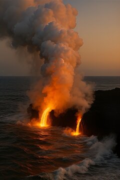 Volcanic eruption by the ocean at sunset
