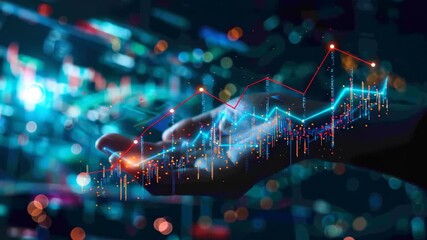 A human hand interacts with a futuristic digital interface displaying financial graphs and data visualizations with glowing bokeh lights. - Powered by Adobe