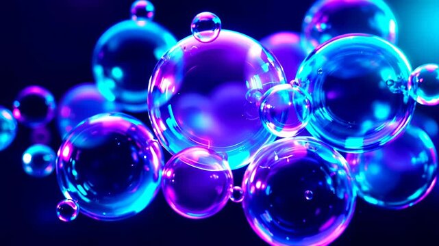 Luminous translucent soap bubbles glowing with vibrant purple and blue neon lights on a dark background