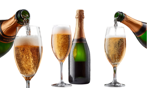 Sparkling champagne bottle with elegant flute glass filled with bubbly drink, showcasing celebration and luxury in a festive atmosphere with copy space. transparent background, isolated image
