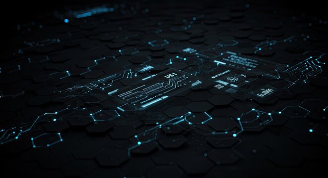 Abstract digital circuit board design with blue illuminated lines and dots - Powered by Adobe