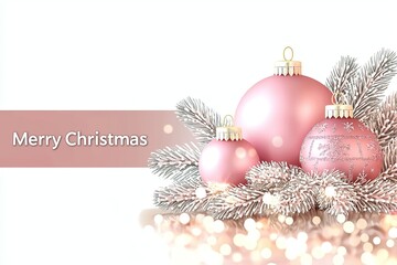 Pink Christmas background with ornaments and Merry Christmas text, vector template