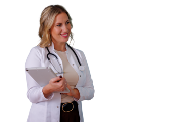 Female doctor smiling, holding digital tablet for telehealth and innovative healthcare services, transparent background