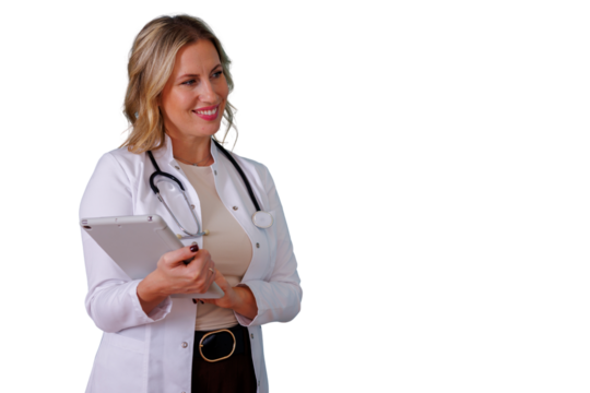 Female doctor smiling, holding digital tablet for telehealth and innovative healthcare services, transparent background - Powered by Adobe