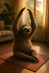 Sloth stretching happily in cozy living room