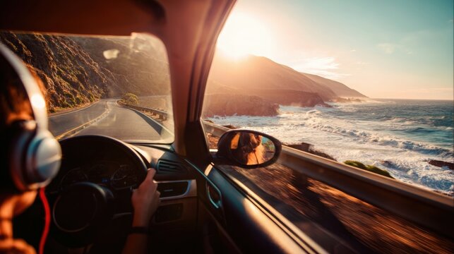 car driving along coastal highway, ocean waves and cliffs, sun shining, headphones playing music, uplifting and free atmosphere, bright and warm