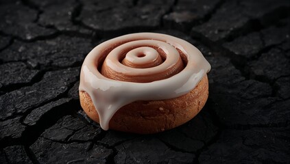 Freshly baked cinnamon roll with white icing on textured surface