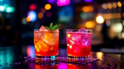 Two vibrant neon cocktails with ice cubes sitting on a dark bar counter with a colorful bokeh background