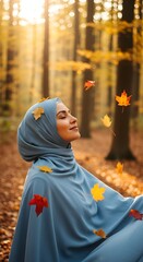 A peaceful woman wearing a hijab enjoying a serene moment in a sunlit autumn forest with colorful falling leaves around her
