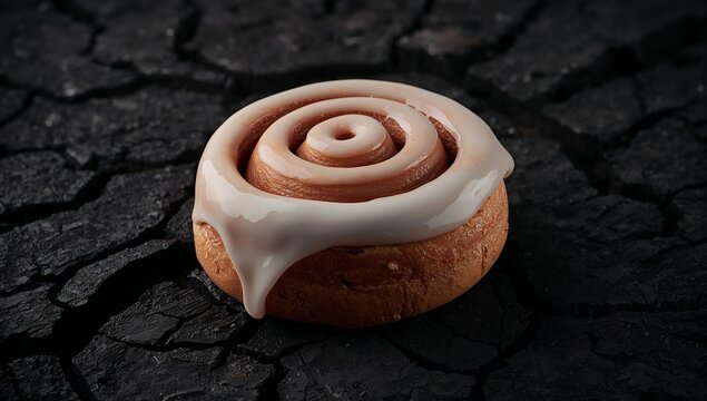 Freshly baked cinnamon roll with white icing on textured surface