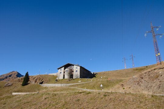 The Alpine refuge San Marco 2000, on the ancient road of San Marco Pass, at the border between the provinces of Bergamo and Sondrio. Orobie Alps, Lombardy, Italy