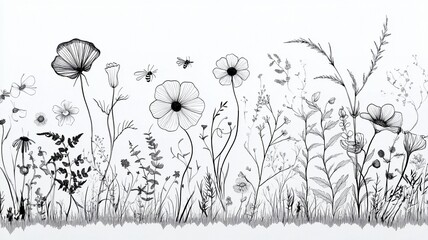 Naklejka premium Floral Line Art Decor, Design Element (Suitable for Illustration Design, Decorative Scenarios, Visual Materials, etc.)