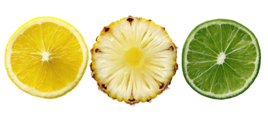 Three vibrant citrus and tropical fruit slices arranged in a row