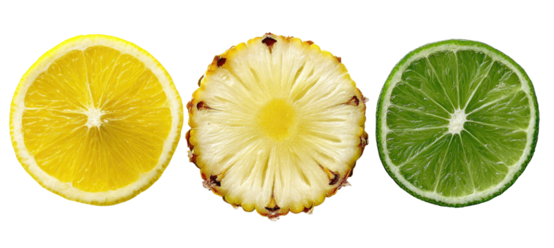 Three vibrant citrus and tropical fruit slices arranged in a row