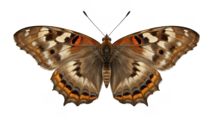 Close up of a brown butterfly with orange and white markings on its wings against a black background