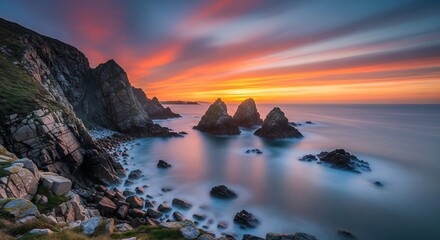Vibrant sunset over rugged coastline, towering sea stacks