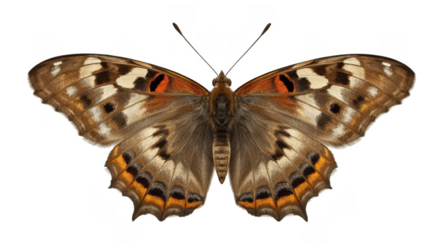Close up of a brown butterfly with orange and white markings on its wings against a black background