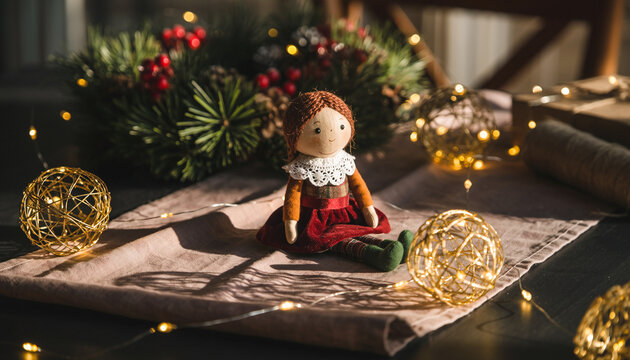 Nostalgic holiday scene with handmade doll and glowing lights evoking warm memories, ideal for Christmas promotions or cozy winter designs