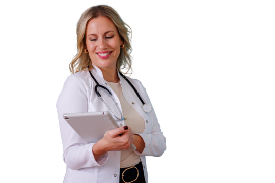 Female doctor smiling, holding digital tablet for medical consultation, health data, and telehealth on transparent background - Powered by Adobe