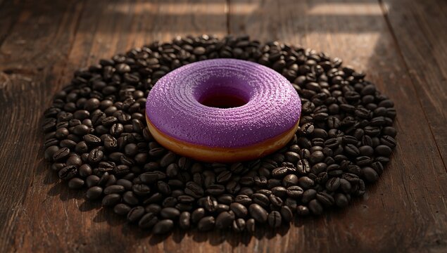 Vibrant purple iced donut sits on coffee beans on a wood table