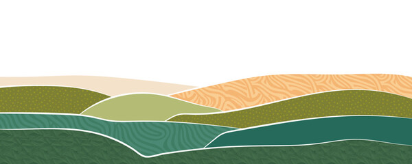 Green farm, abstract agriculture, garden template, field layout vector textured illustration. Green nature pattern, crop, hill, mountains. Ecological wavy ornament, eco header, sustainable scenic view