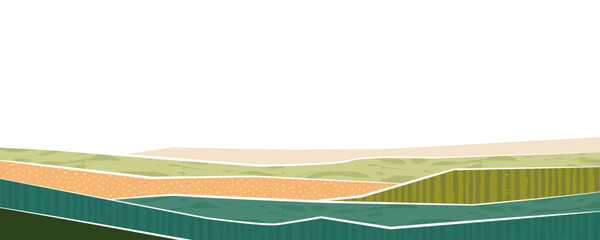 Abstract agricultural field landscape banner background. Nature, ecology, organic, environment vector illustration. Web banner or template of clean green environment. Countryside with colorful texture