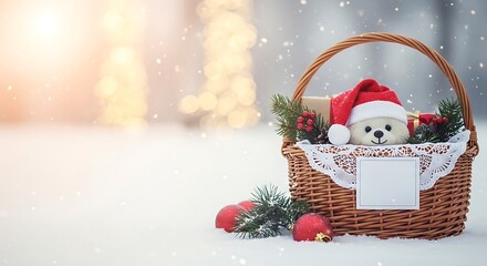 Christmas basket with teddy bear wearing Santa hat in snowfall  