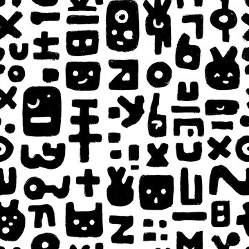 Dense grid of abstract black pictograms