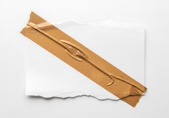 Diagonal brown paper strip with textured surface adhered to torn white paper background