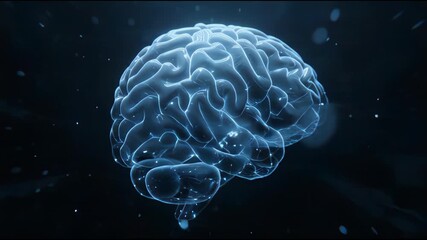 Abstract digital animation of a glowing blue human brain with interconnected neural pathways and shimmering particles against a dark background representing thought processes and cognitive function - Powered by Adobe