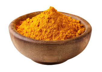 Bright yellow powder fills a rustic wooden bowl against a black background