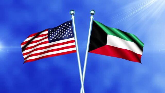 USA and Kuwait Flag Waving On Pole Loop