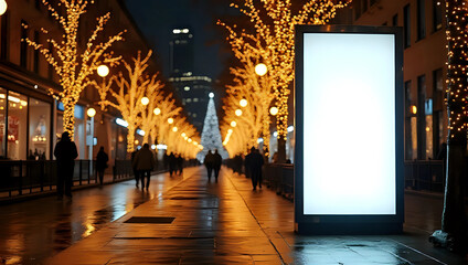 Mockup of blank vertical billboard on city street at night, people, trees, festive lights - holiday outdoor advertising, template, display, banner, screen, space, Christmas New Year eve celebration